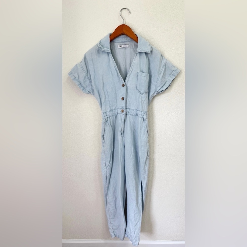 Zara Sky Light Blue Short Sleeve Button Up Denim Jumpsuit with Pocket’s Size S
